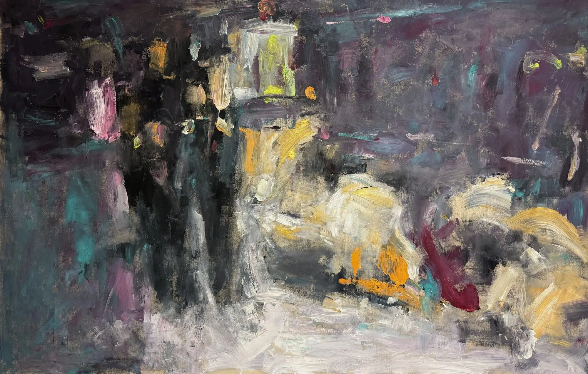 Nocturne: a large abstract in plum, charcoal and teal with bursts of ochre, cream and crimson